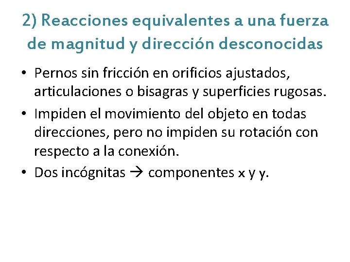 2) Reacciones equivalentes a una fuerza de magnitud y dirección desconocidas • Pernos sin