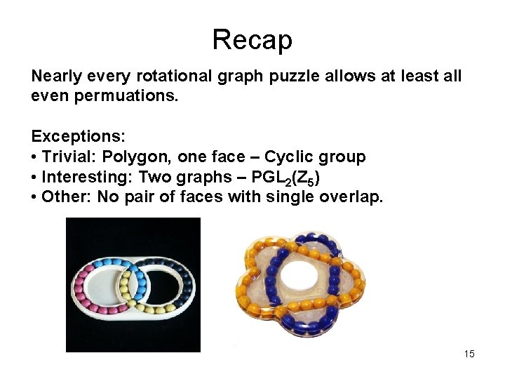 Recap Nearly every rotational graph puzzle allows at least all even permuations. Exceptions: •
