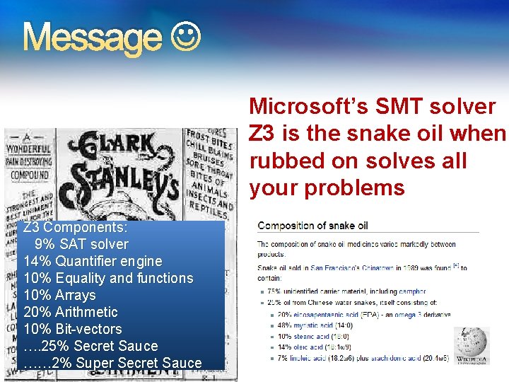 Message Microsoft’s SMT solver Z 3 is the snake oil when rubbed on solves