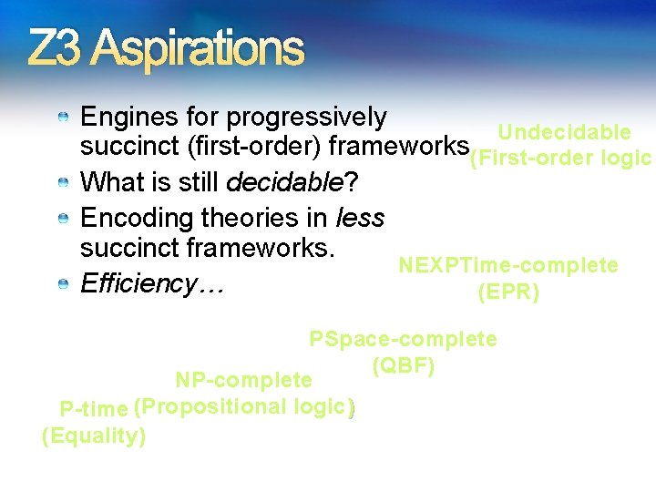 Z 3 Aspirations Engines for progressively Undecidable succinct (first-order) frameworks(First-order logic) What is still