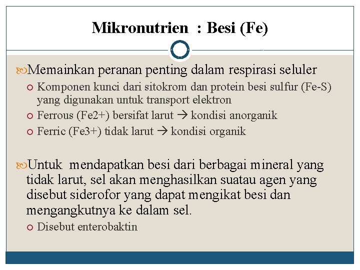 Mikronutrien : Besi (Fe) Memainkan peranan penting dalam respirasi seluler Komponen kunci dari sitokrom