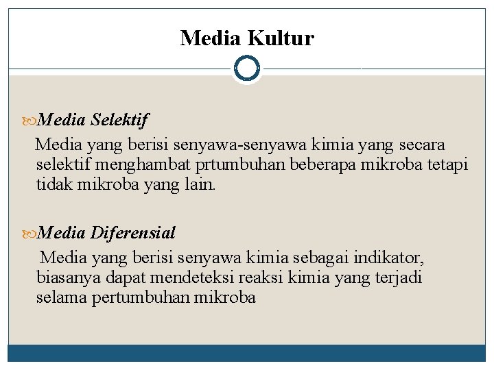 Media Kultur Media Selektif Media yang berisi senyawa-senyawa kimia yang secara selektif menghambat prtumbuhan