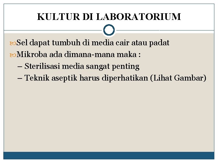 KULTUR DI LABORATORIUM Sel dapat tumbuh di media cair atau padat Mikroba ada dimana-mana