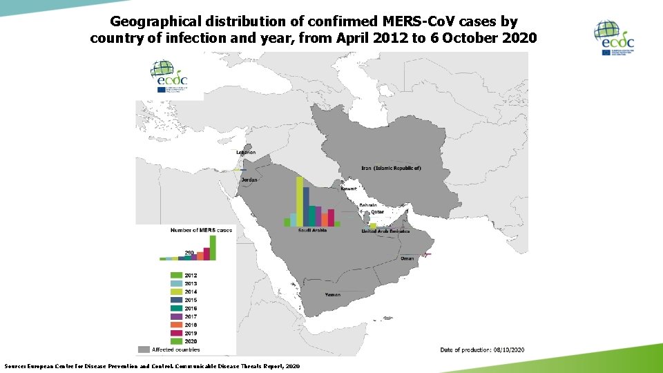 Geographical distribution of confirmed MERS-Co. V cases by country of infection and year, from