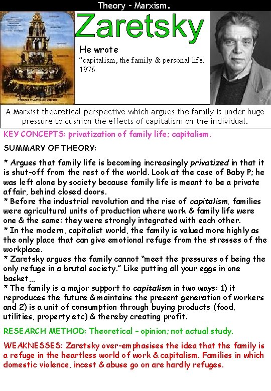 Theory – Marxism. He wrote “capitalism, the family & personal life. 1976. A Marxist