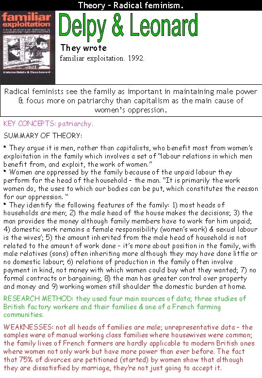 Theory – Radical feminism. They wrote familiar exploitation. 1992. Radical feminists see the family