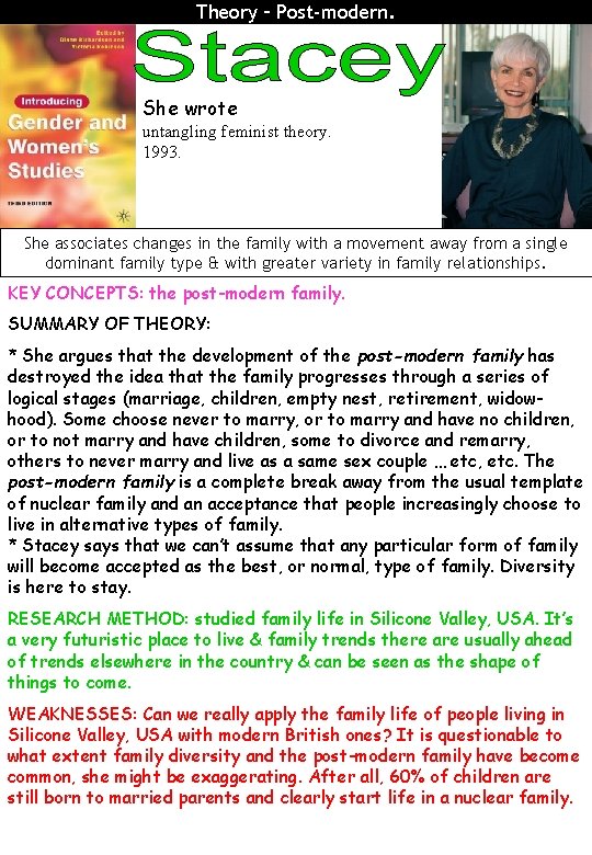 Theory – Post-modern. She wrote untangling feminist theory. 1993. She associates changes in the