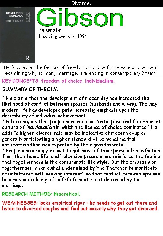 Divorce. He wrote dissolving wedlock. 1994. He focuses on the factors of freedom of