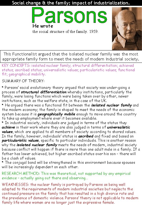 Social change & the family; impact of industrialization. He wrote the social structure of