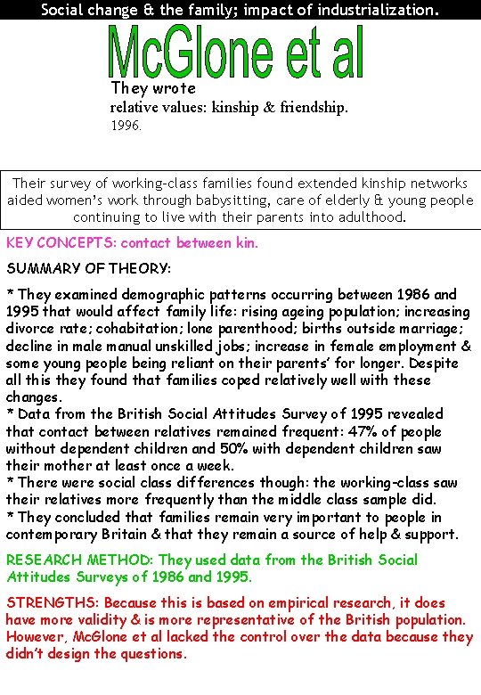 Social change & the family; impact of industrialization. They wrote relative values: kinship &
