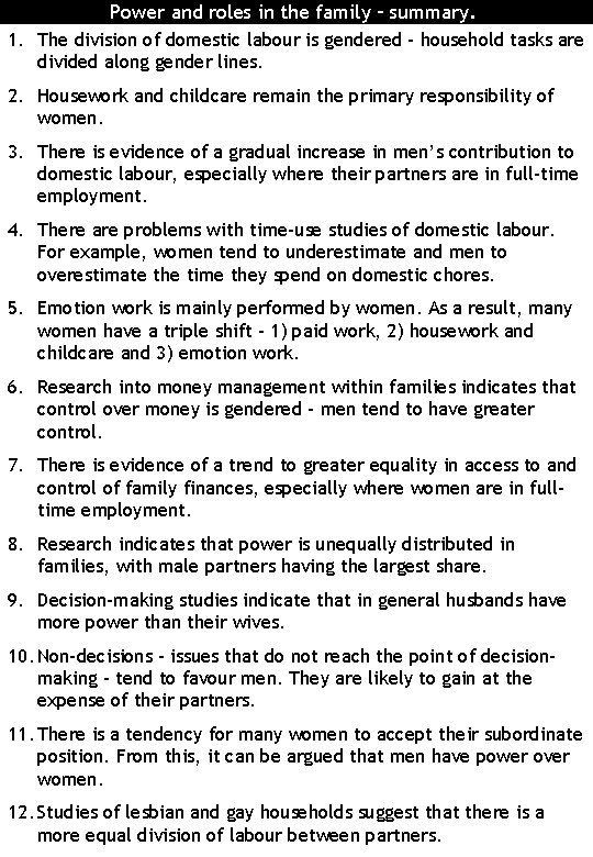 Power and roles in the family – summary. 1. The division of domestic labour