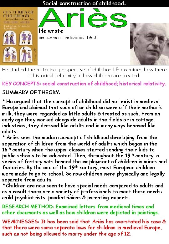 Social construction of childhood. He wrote centuries of childhood. 1960 He studied the historical