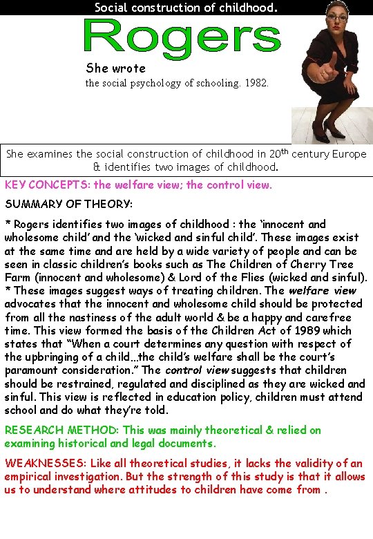 Social construction of childhood. She wrote the social psychology of schooling. 1982. She examines