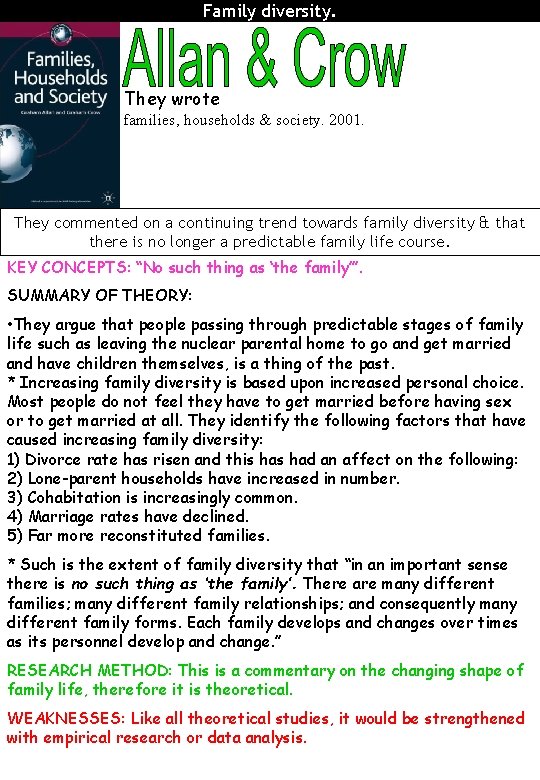Family diversity. They wrote families, households & society. 2001. They commented on a continuing