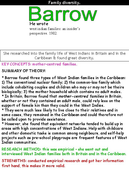 Family diversity. He wrote west indian families: an insider’s perspective. 1982. She researched into