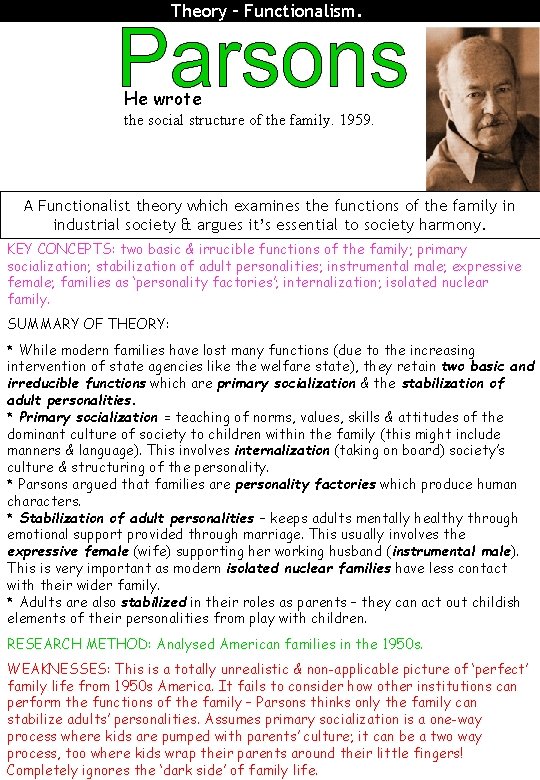 Theory – Functionalism. He wrote the social structure of the family. 1959. A Functionalist