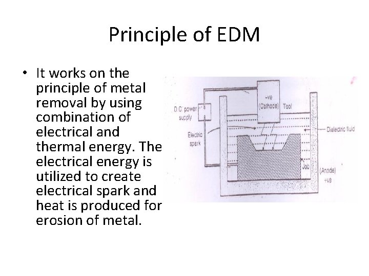 Principle of EDM • It works on the principle of metal removal by using