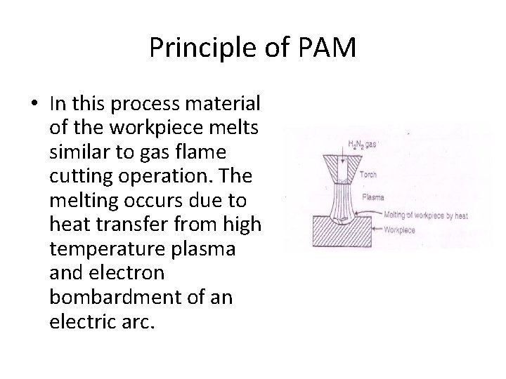 Principle of PAM • In this process material of the workpiece melts similar to