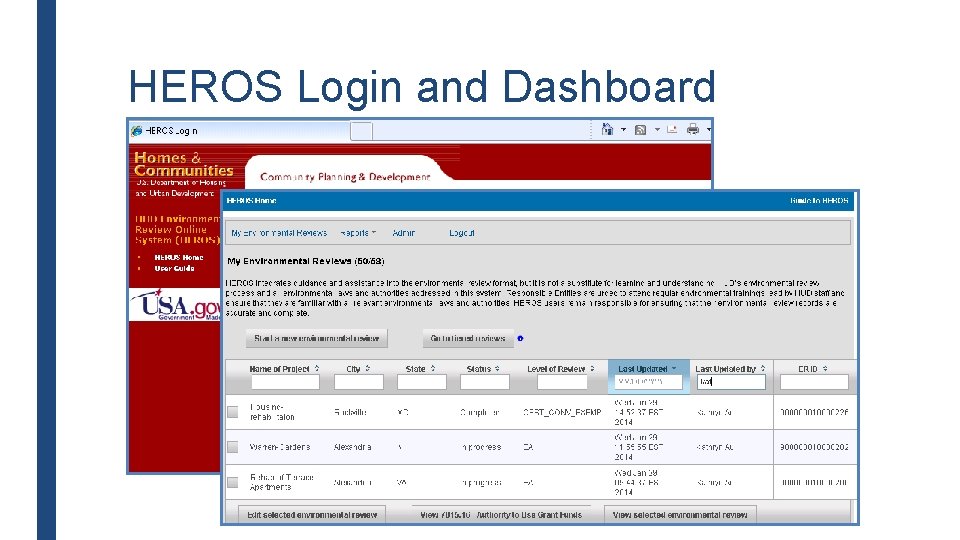 HEROS Login and Dashboard 