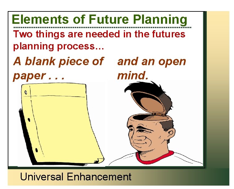 Elements of Future Planning Two things are needed in the futures planning process… A