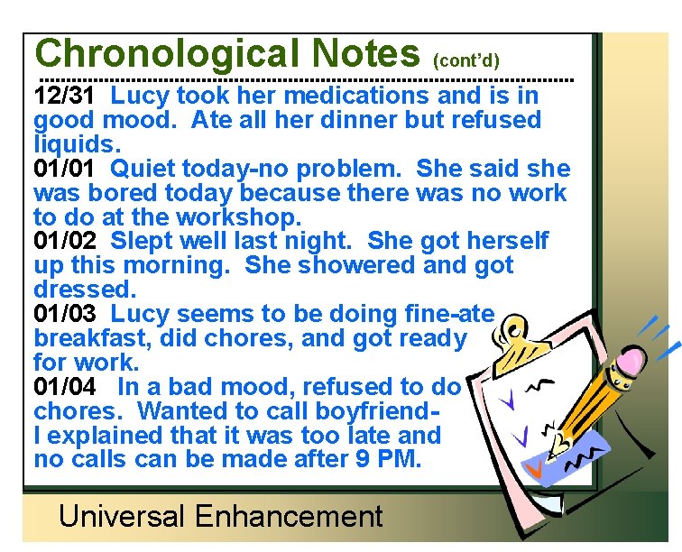 Chronological Notes (cont’d) 12/31 Lucy took her medications and is in good mood. Ate