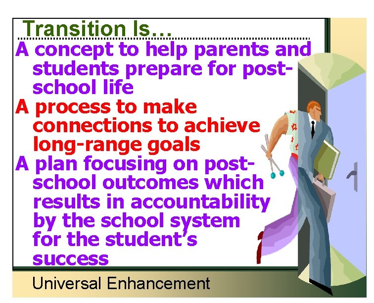 Transition Is… A concept to help parents and students prepare for postschool life A