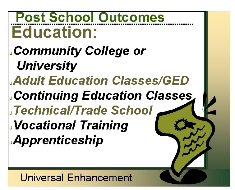 Post School Outcomes Education: Community College or University u. Adult Education Classes/GED u. Continuing