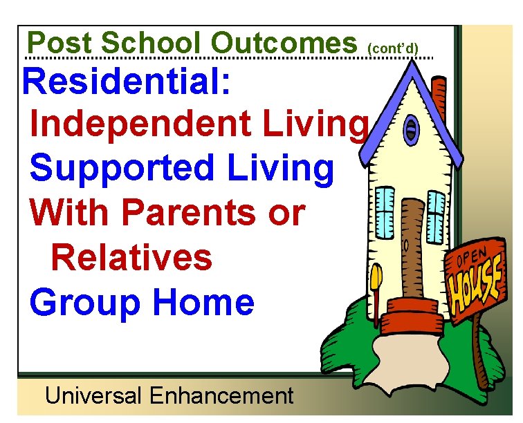 Post School Outcomes (cont’d) Residential: Independent Living Supported Living With Parents or Relatives Group