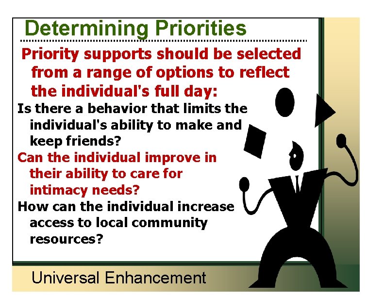 Determining Priorities Priority supports should be selected from a range of options to reflect