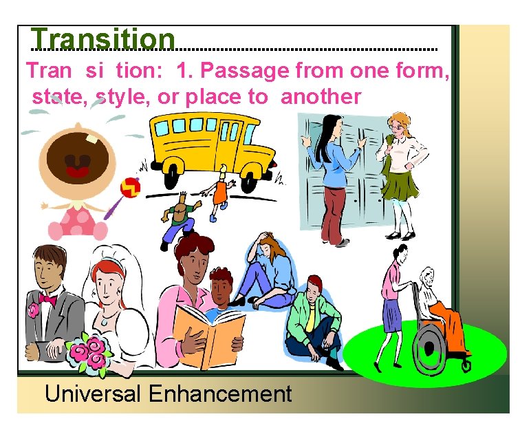 Transition Tran si tion: 1. Passage from one form, state, style, or place to