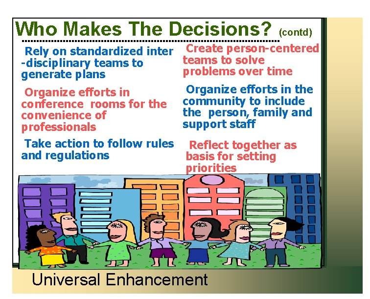 Who Makes The Decisions? (contd) Rely on standardized inter Create person-centered teams to solve