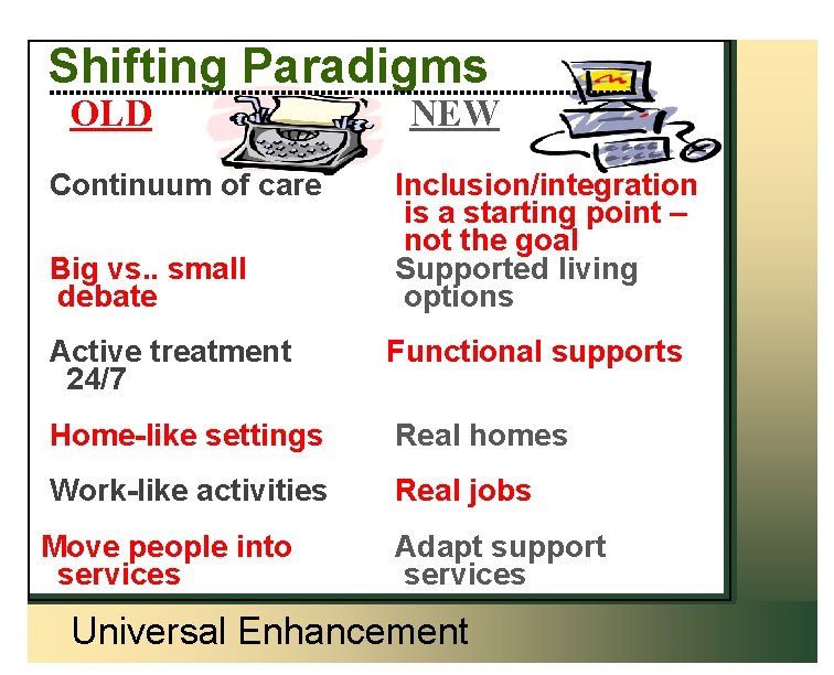 Shifting Paradigms OLD Continuum of care Big vs. . small debate NEW Inclusion/integration is