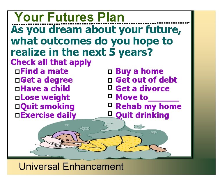 Your Futures Plan As you dream about your future, what outcomes do you hope