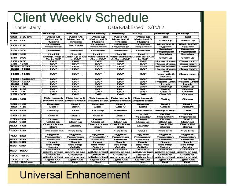 Client Weekly Schedule Name: Jerry Date Established: 12/15/02 Universal Enhancement 