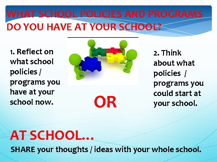 WHAT SCHOOL POLICIES AND PROGRAMS DO YOU HAVE AT YOUR SCHOOL? 1. Reflect on