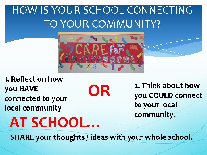 HOW IS YOUR SCHOOL CONNECTING TO YOUR COMMUNITY? 1. Reflect on how you HAVE