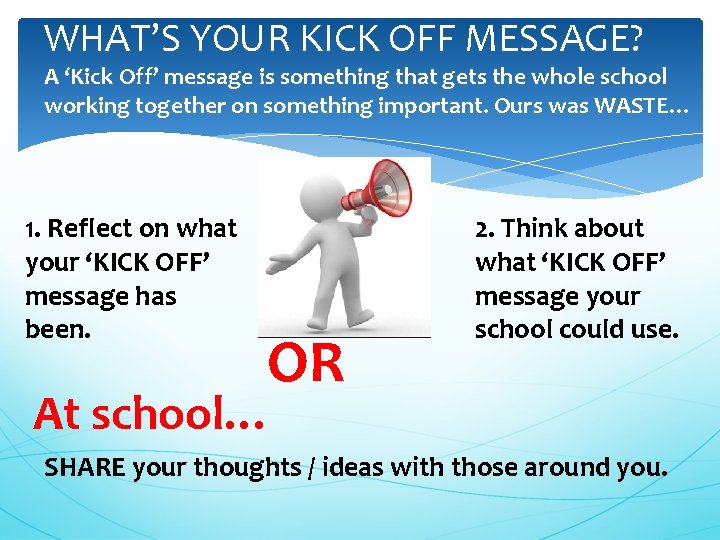WHAT’S YOUR KICK OFF MESSAGE? A ‘Kick Off’ message is something that gets the