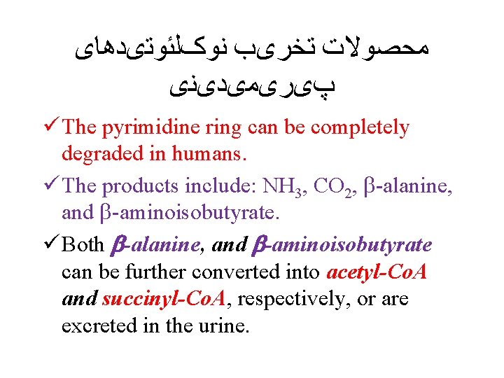  ﻣﺤﺼﻮﻻﺕ ﺗﺨﺮیﺐ ﻧﻮکﻠﺌﻮﺗیﺪﻫﺎی پیﺮیﻤیﺪیﻨی ü The pyrimidine ring can be completely degraded in