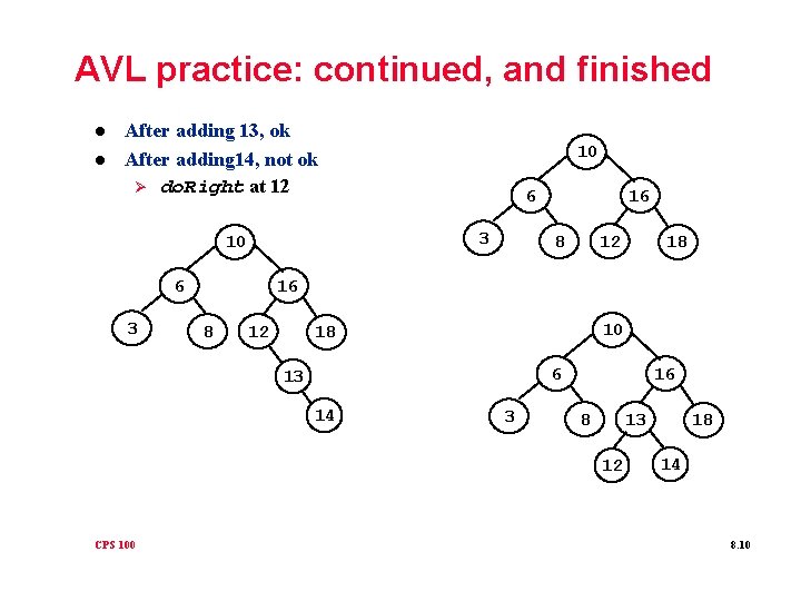 AVL practice: continued, and finished l l After adding 13, ok After adding 14,