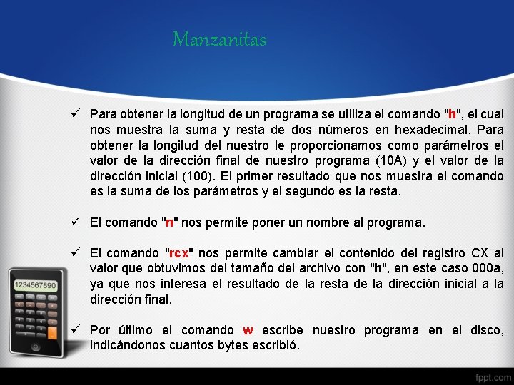 Manzanitas ü Para obtener la longitud de un programa se utiliza el comando "h",