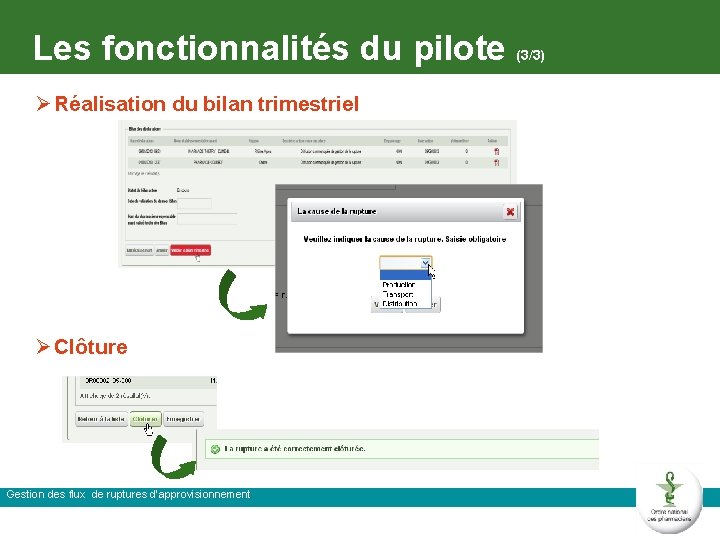 Les fonctionnalités du pilote Ø Réalisation du bilan trimestriel Ø Clôture Gestion des flux