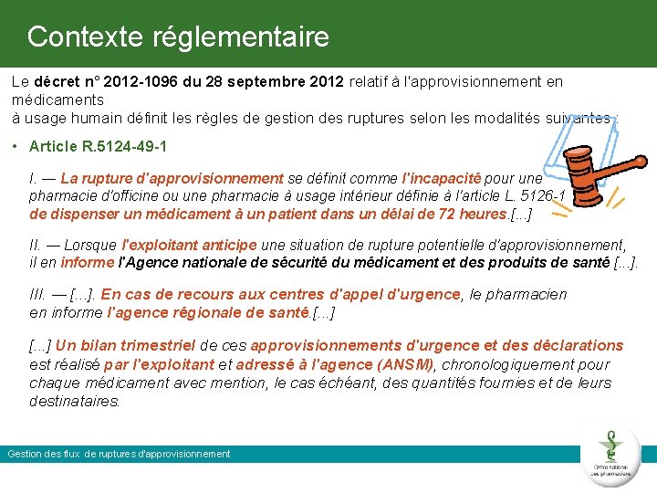 Contexte réglementaire Le décret n° 2012 -1096 du 28 septembre 2012 relatif à l'approvisionnement