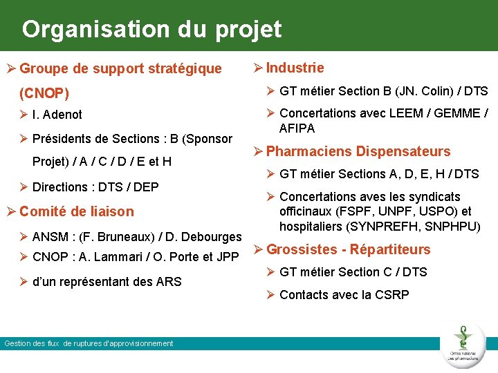 Organisation du projet Ø Groupe de support stratégique Ø Industrie (CNOP) Ø GT métier