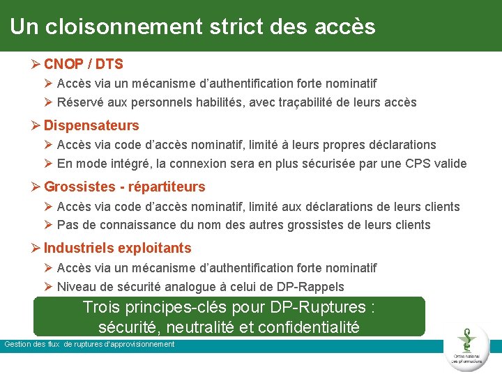 Un cloisonnement strict des accès Ø CNOP / DTS Ø Accès via un mécanisme