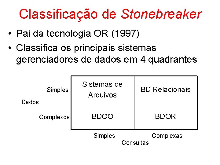 Classificação de Stonebreaker • Pai da tecnologia OR (1997) • Classifica os principais sistemas