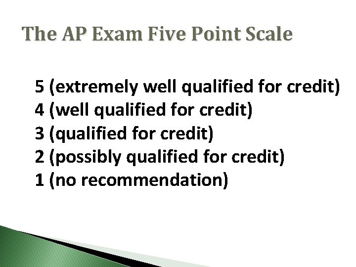 The AP Exam Five Point Scale 5 (extremely well qualified for credit) 4 (well