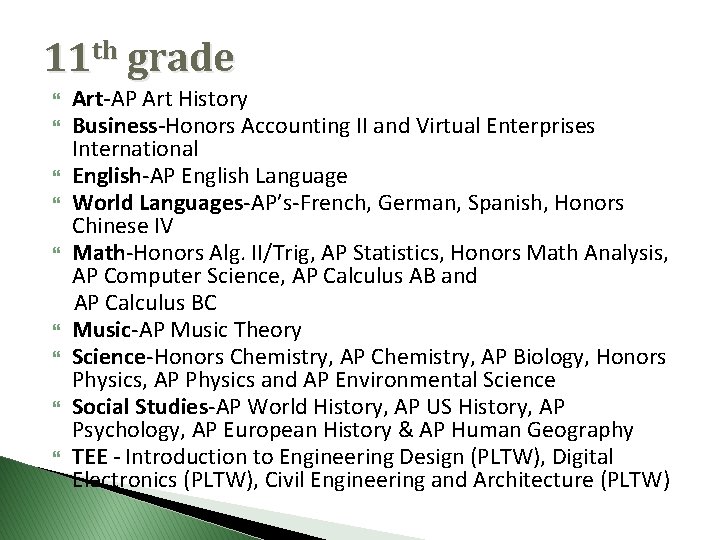 11 th grade Art-AP Art History Business-Honors Accounting II and Virtual Enterprises International English-AP
