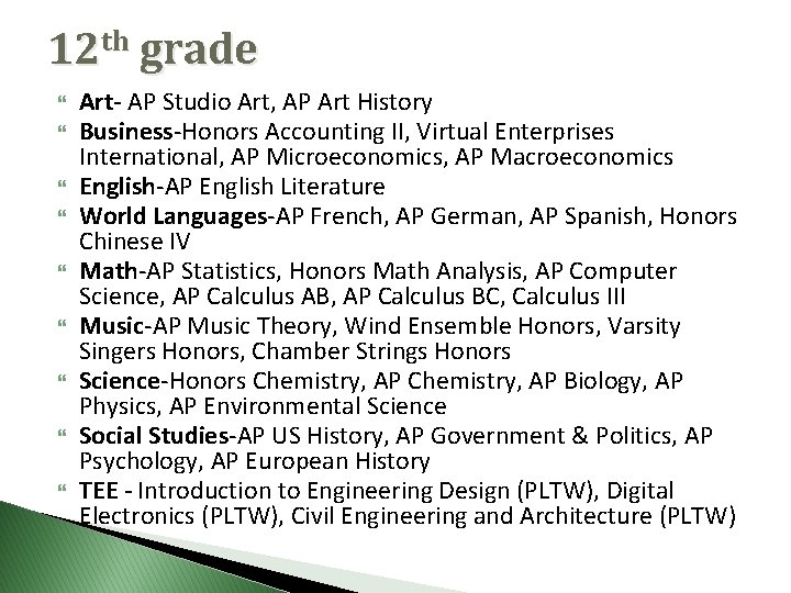 12 th grade Art- AP Studio Art, AP Art History Business-Honors Accounting II, Virtual