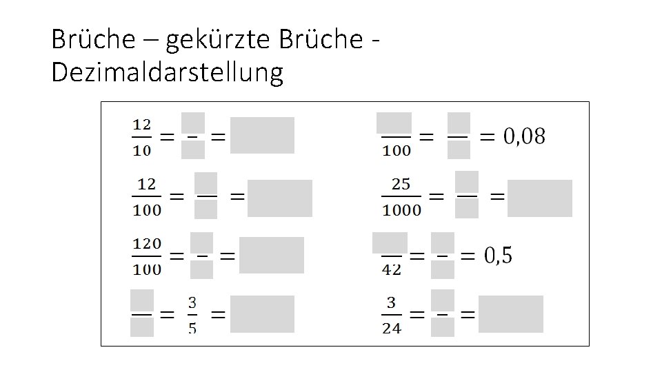 Brüche – gekürzte Brüche Dezimaldarstellung 