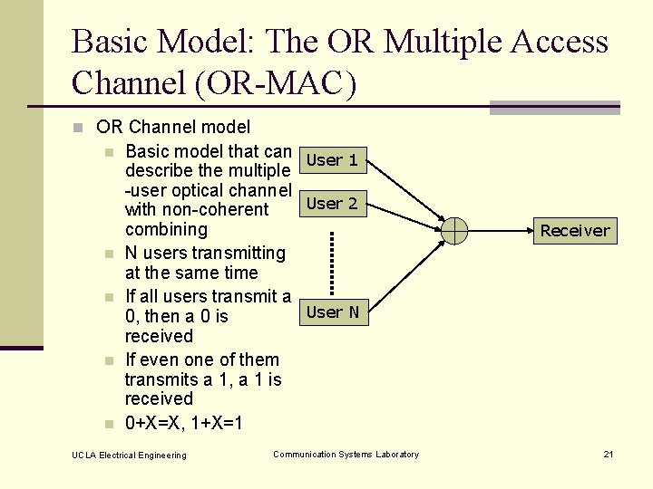 Basic Model: The OR Multiple Access Channel (OR-MAC) n OR Channel model n n